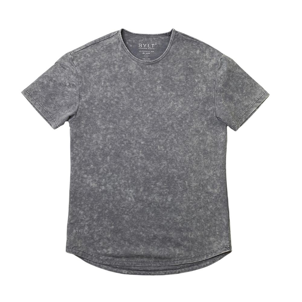 BYLT Shirt Mens L Large Gray White Marble Acid Wash Curved Hem Short Sleeve Tee